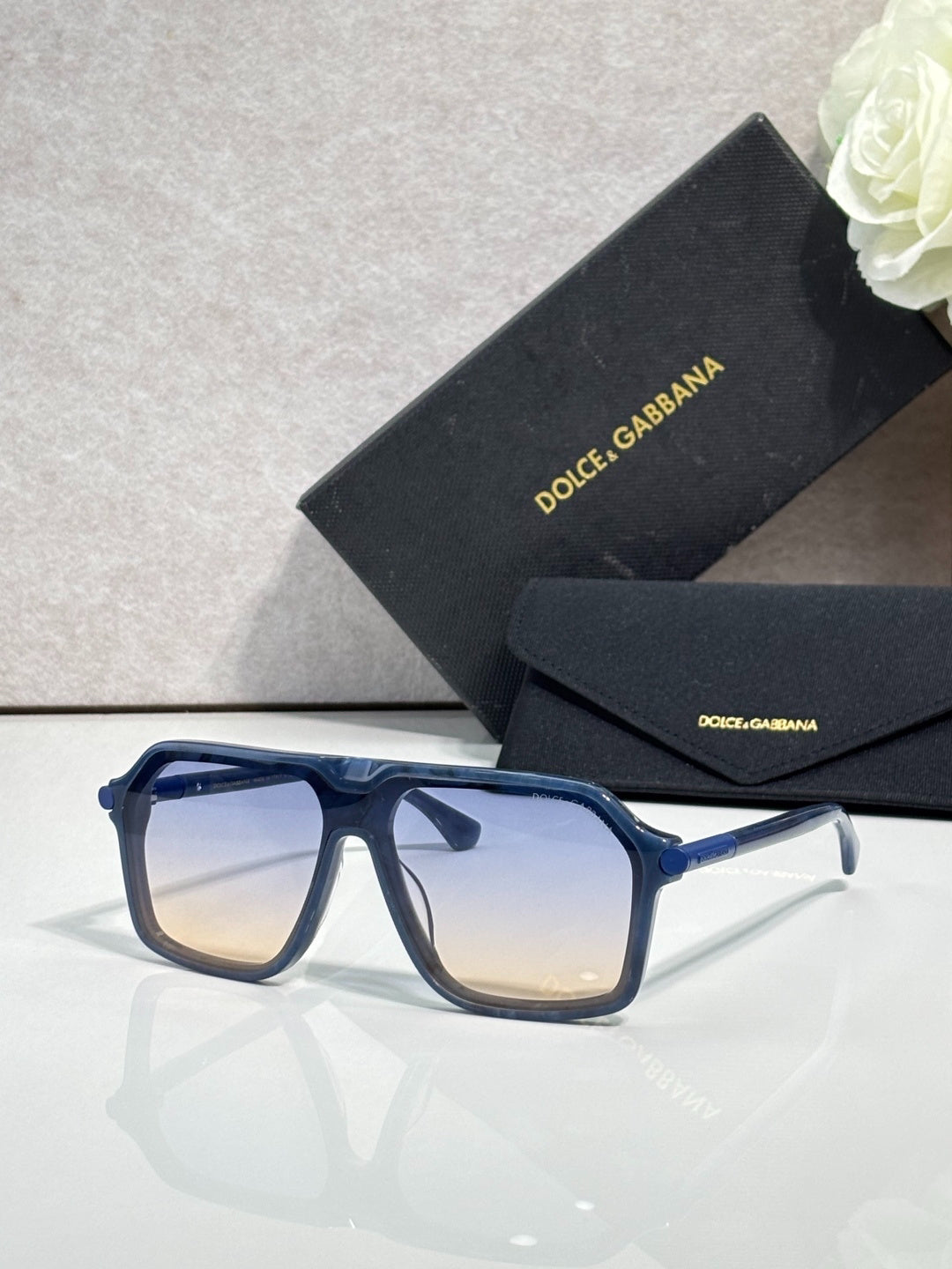 Dolce & Gabbana Black Aviator Sunglasses with Yellow Lenses & Gold Accents