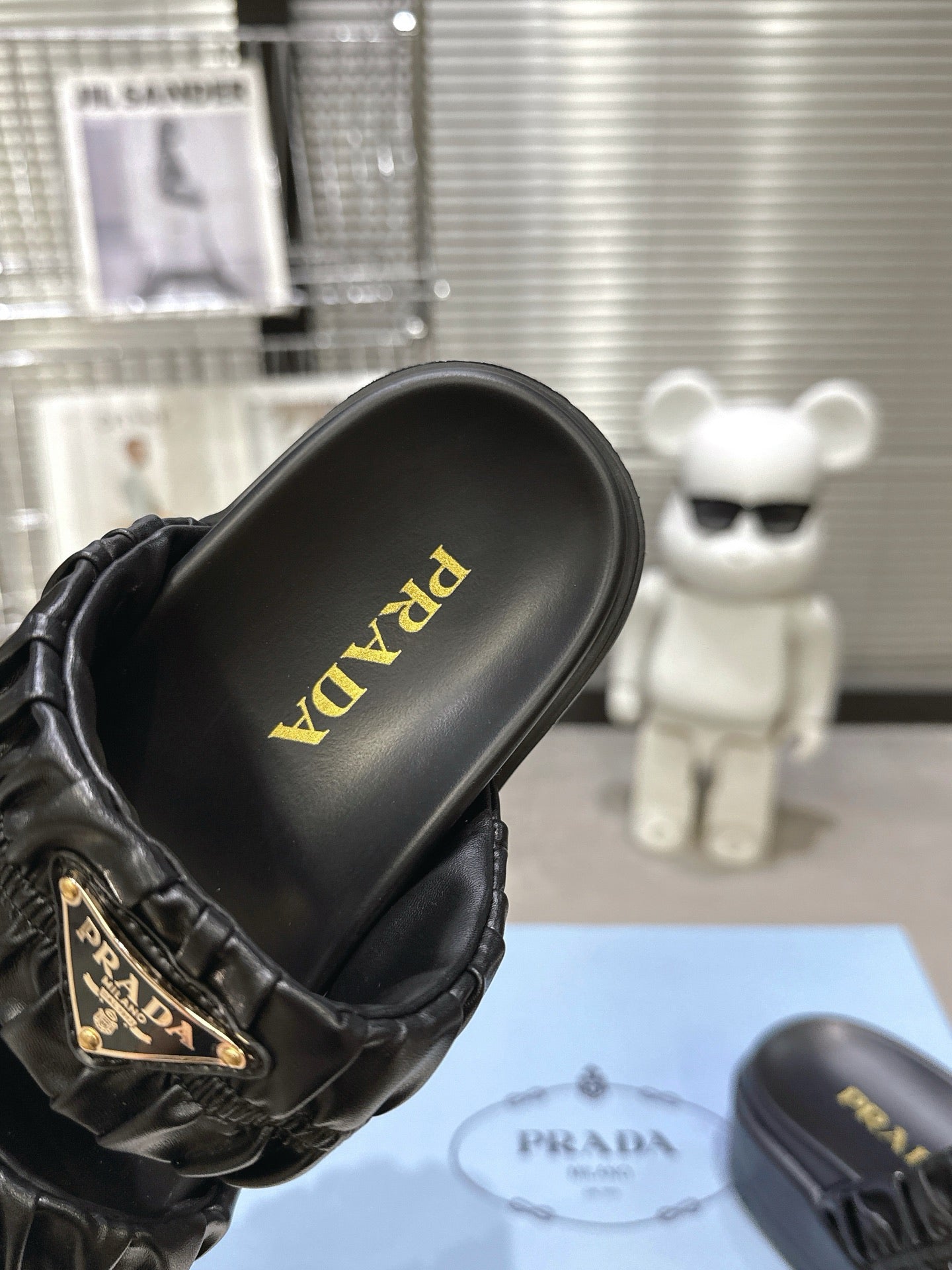 Women Black Ruched Two Strap Platform Slides Triangle Gold Logo Slip On Casual Sandal Shoes