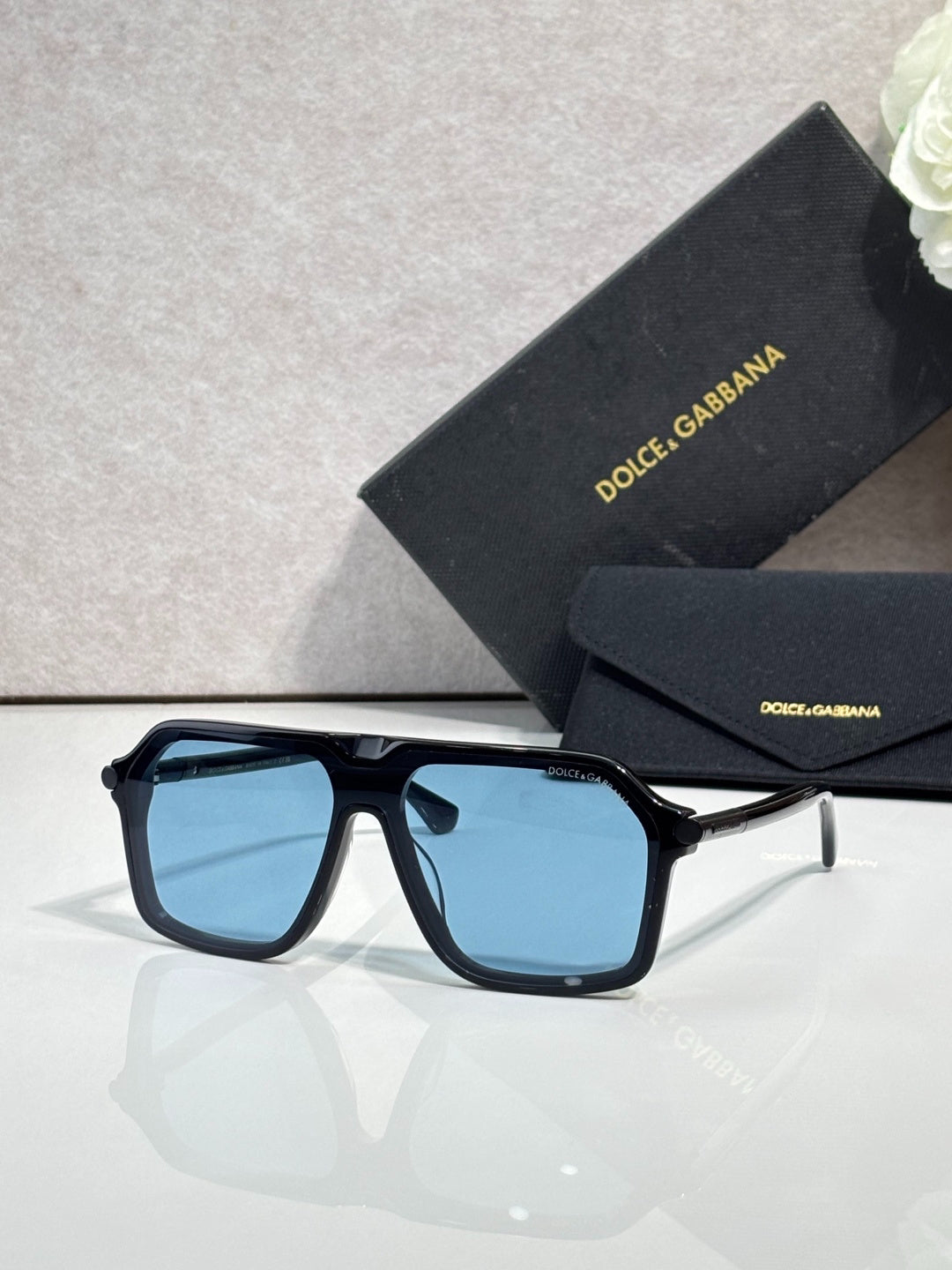 Dolce & Gabbana Black Aviator Sunglasses with Yellow Lenses & Gold Accents