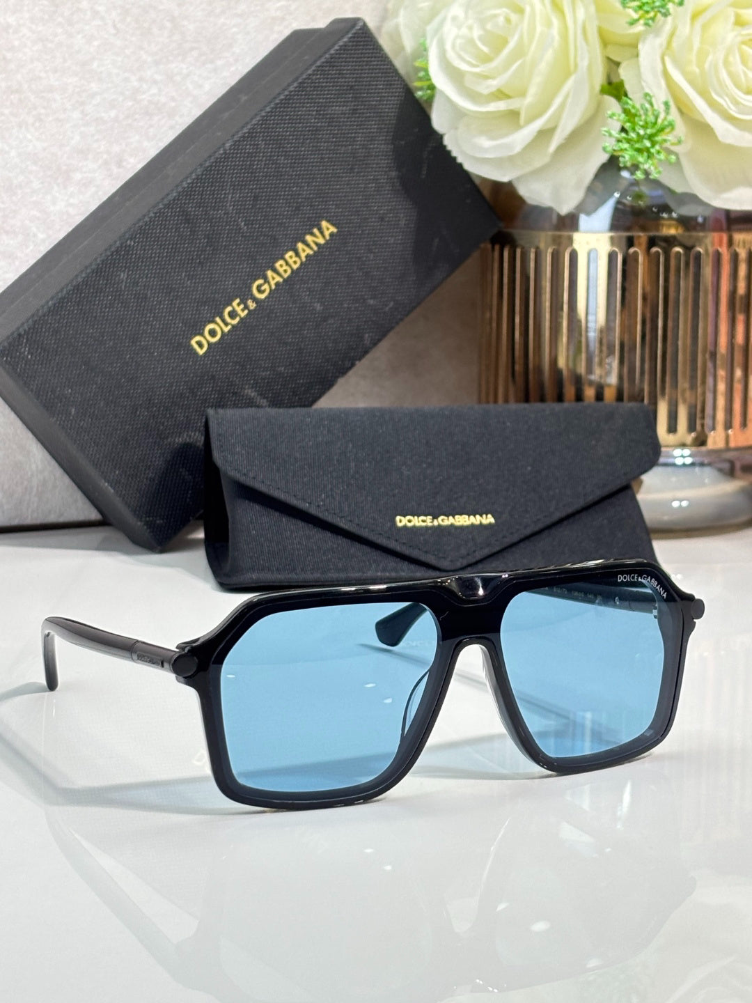 Dolce & Gabbana Black Aviator Sunglasses with Yellow Lenses & Gold Accents