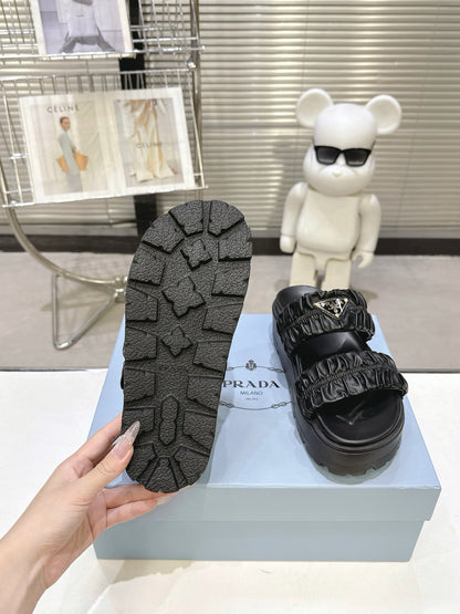 Women Black Ruched Two Strap Platform Slides Triangle Gold Logo Slip On Casual Sandal Shoes