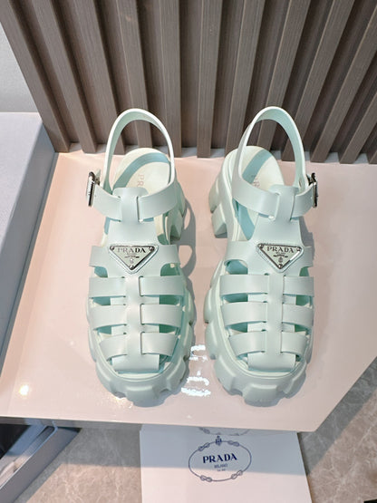Women Mint Green Platform Roman Fisherman Sandals Triangle Metal Logo Adjustable Ankle Buckle Shoes