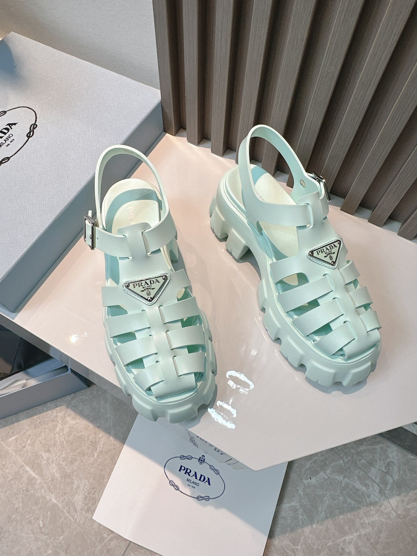 Women Mint Green Platform Roman Fisherman Sandals Triangle Metal Logo Adjustable Ankle Buckle Shoes