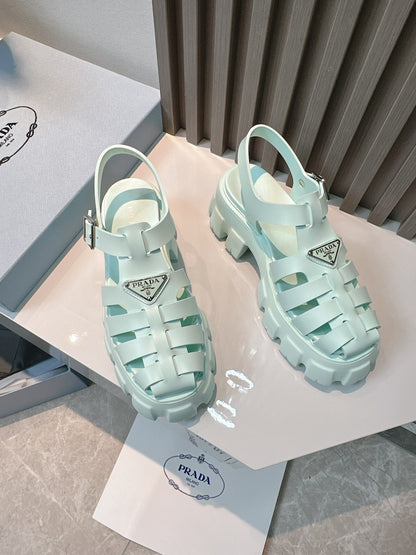 Women Mint Green Platform Roman Fisherman Sandals Triangle Metal Logo Adjustable Ankle Buckle Shoes