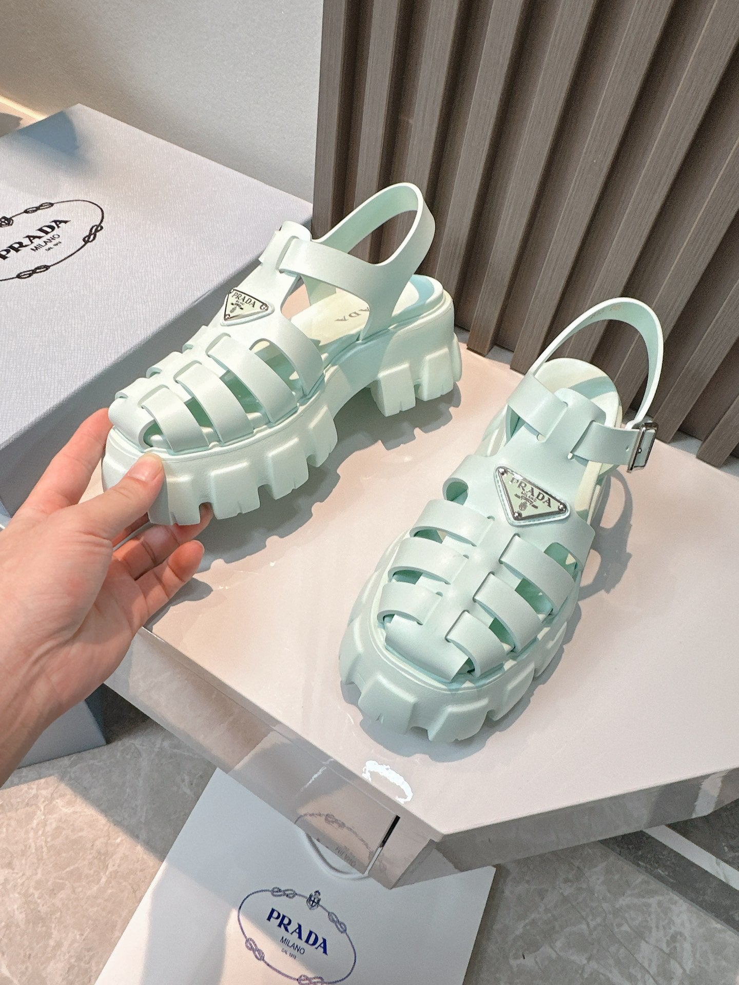 Women Mint Green Platform Roman Fisherman Sandals Triangle Metal Logo Adjustable Ankle Buckle Shoes