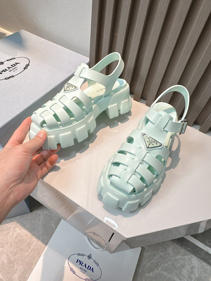 Women Mint Green Platform Roman Fisherman Sandals Triangle Metal Logo Adjustable Ankle Buckle Shoes