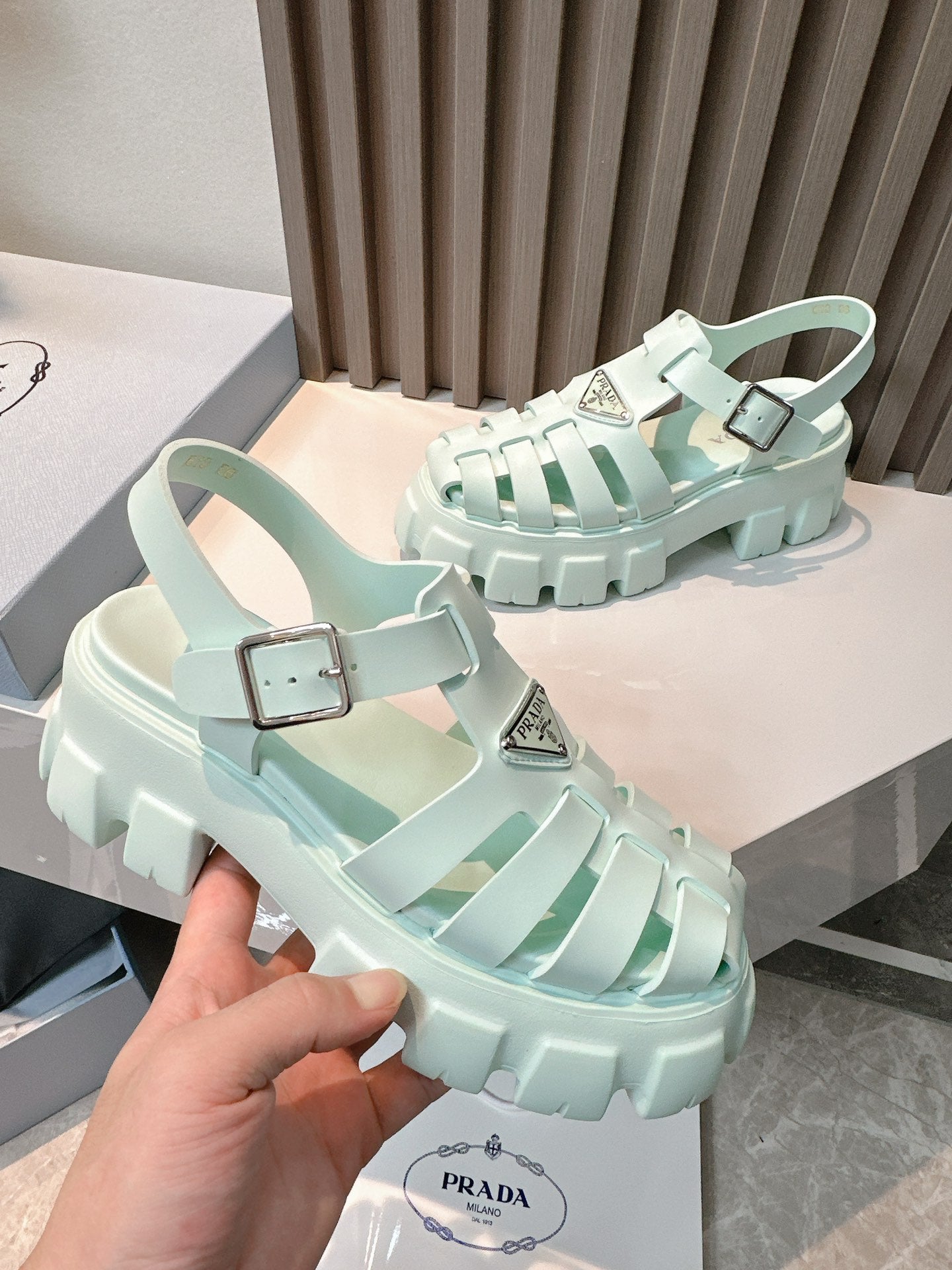 Women Mint Green Platform Roman Fisherman Sandals Triangle Metal Logo Adjustable Ankle Buckle Shoes