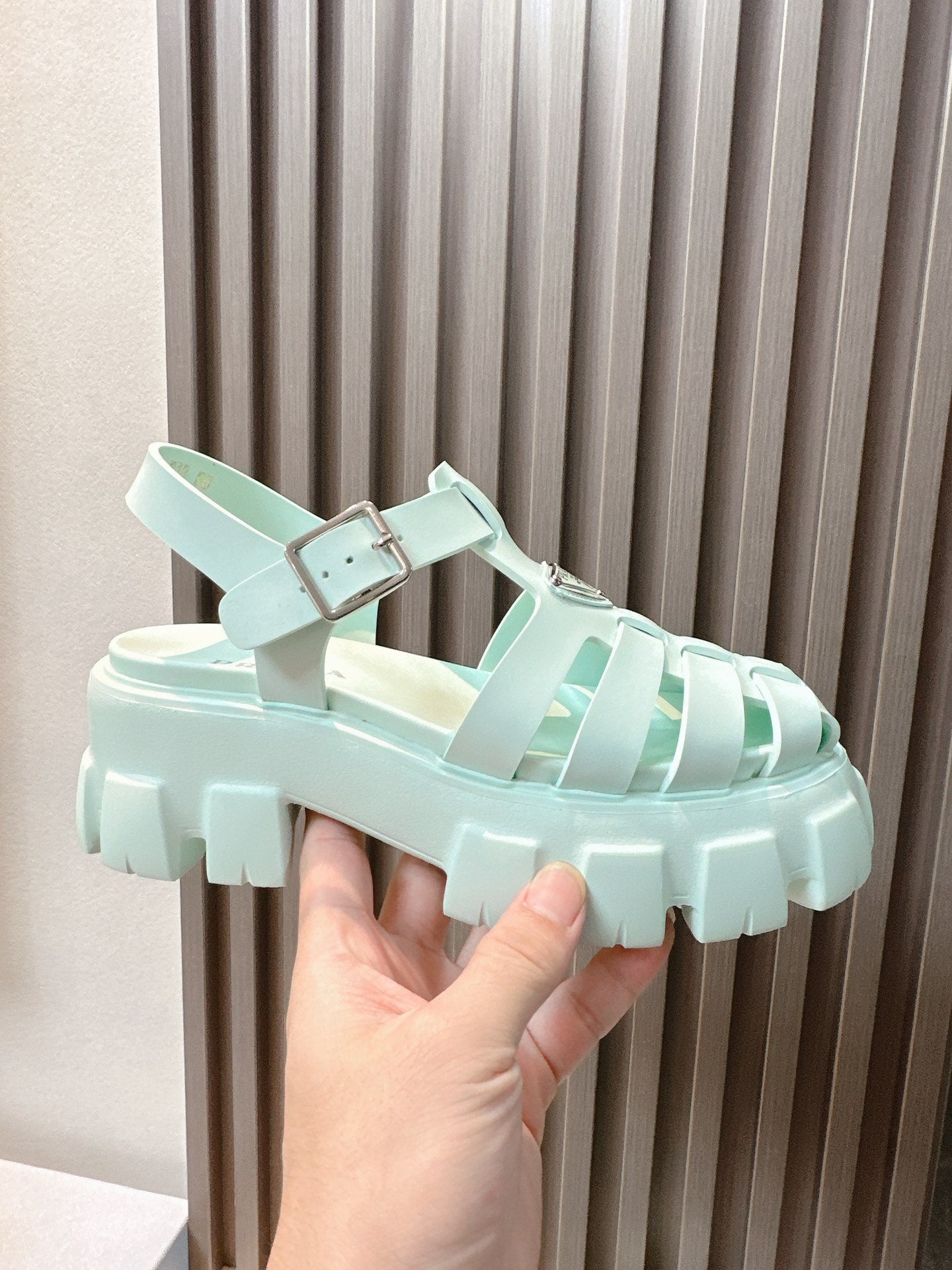Women Mint Green Platform Roman Fisherman Sandals Triangle Metal Logo Adjustable Ankle Buckle Shoes
