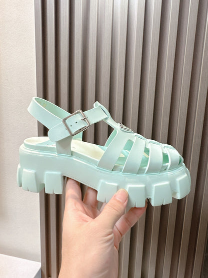 Women Mint Green Platform Roman Fisherman Sandals Triangle Metal Logo Adjustable Ankle Buckle Shoes