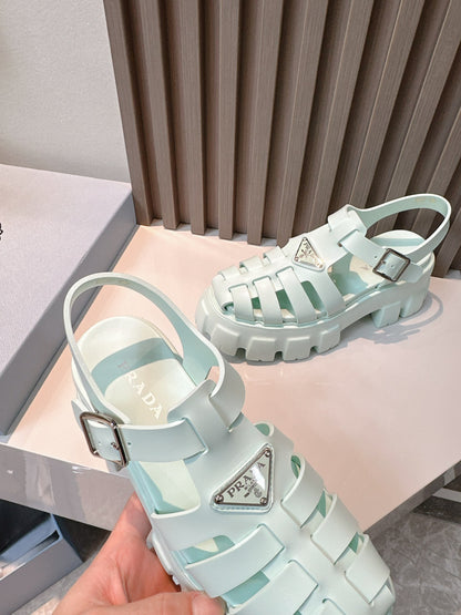 Women Mint Green Platform Roman Fisherman Sandals Triangle Metal Logo Adjustable Ankle Buckle Shoes