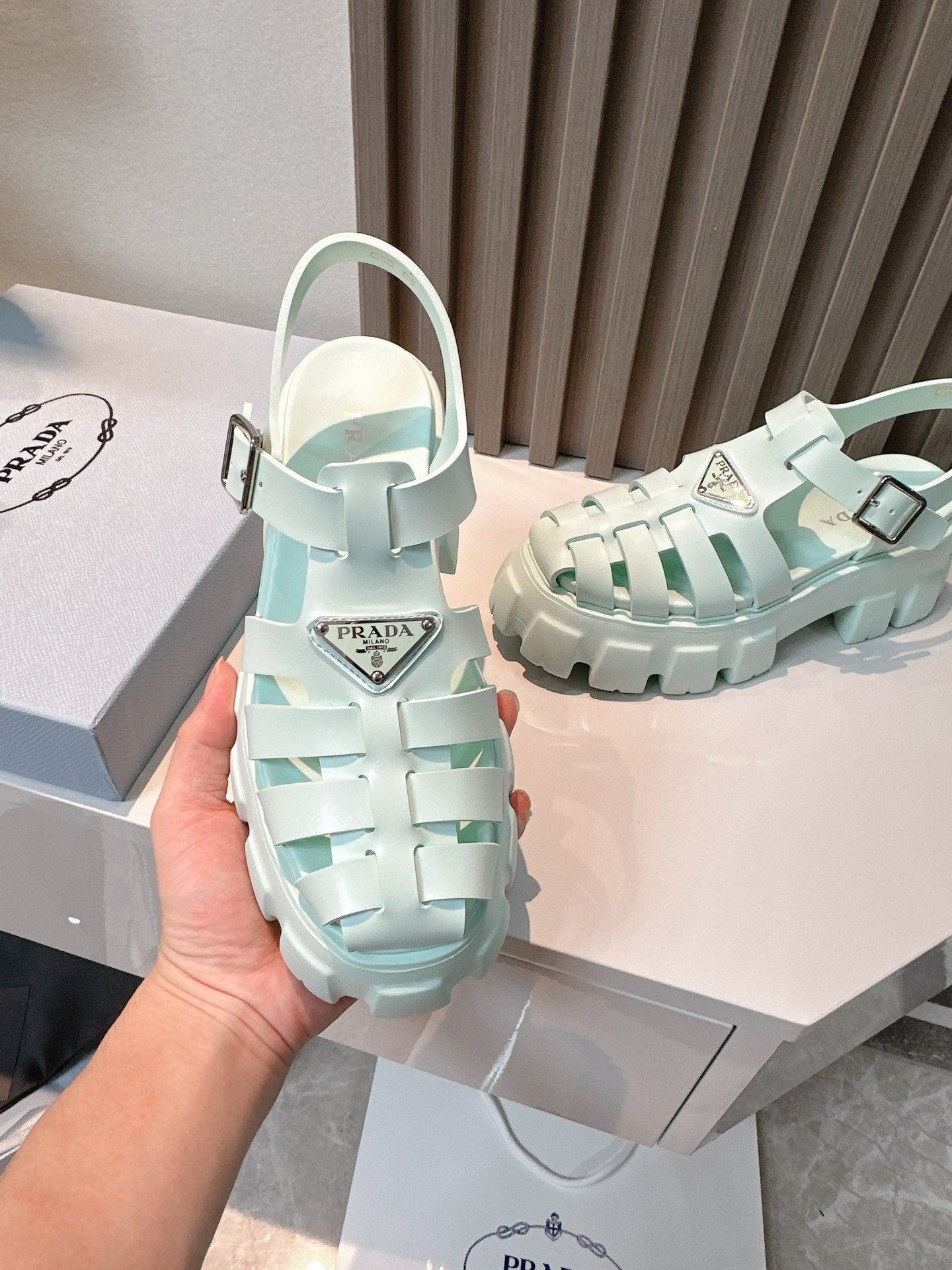 Women Mint Green Platform Roman Fisherman Sandals Triangle Metal Logo Adjustable Ankle Buckle Shoes