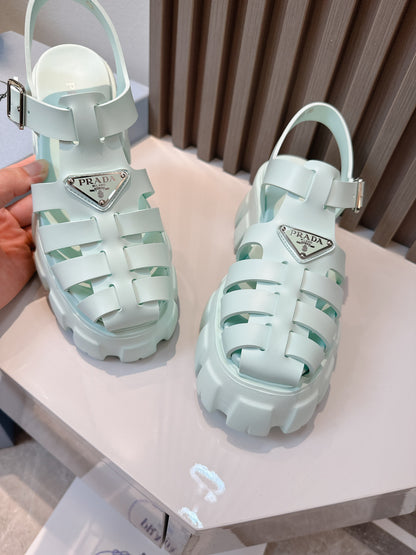 Women Mint Green Platform Roman Fisherman Sandals Triangle Metal Logo Adjustable Ankle Buckle Shoes
