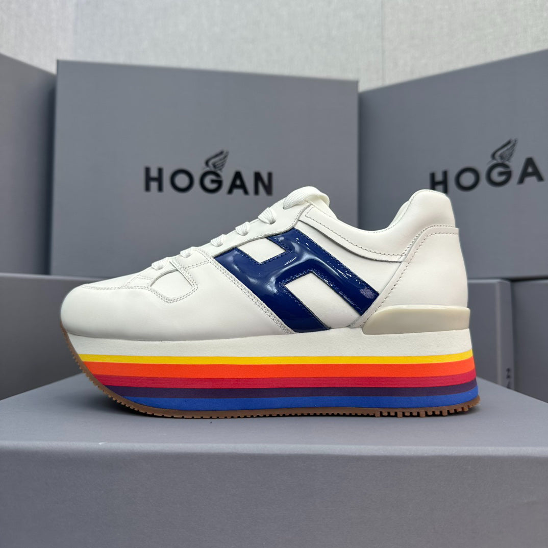 HOGAN White Blue Rainbow Striped Stack Wedge Platform Sneakers