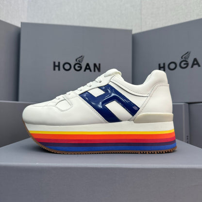 HOGAN White Blue Rainbow Striped Stack Wedge Platform Sneakers