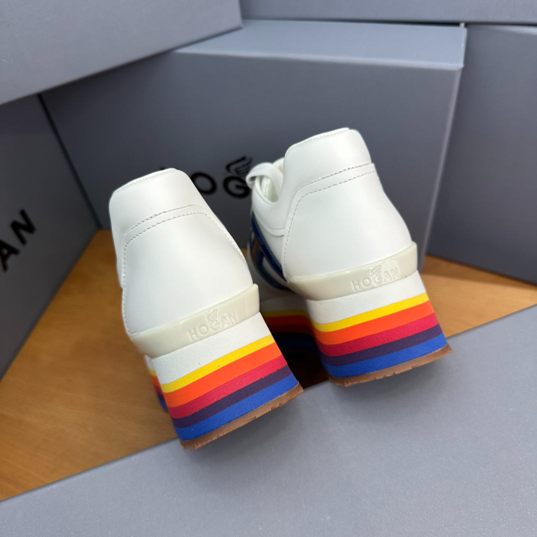 HOGAN White Blue Rainbow Striped Stack Wedge Platform Sneakers