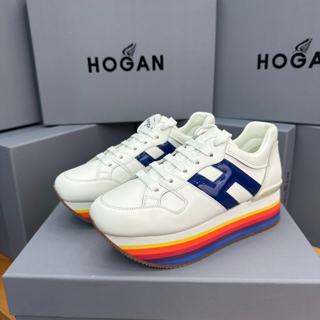 HOGAN White Blue Rainbow Striped Stack Wedge Platform Sneakers