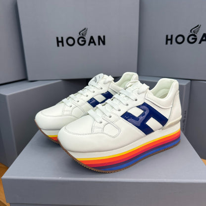 HOGAN White Blue Rainbow Striped Stack Wedge Platform Sneakers