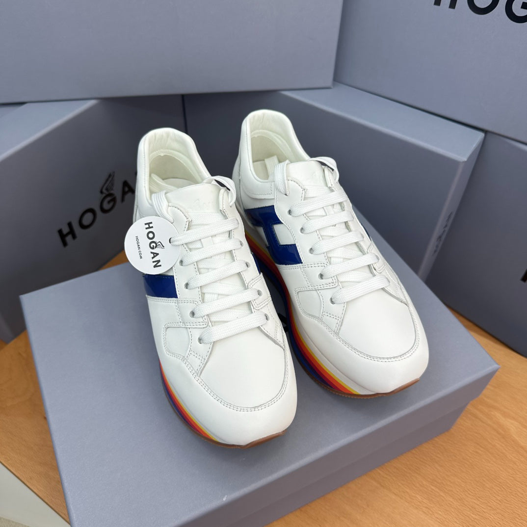 HOGAN White Blue Rainbow Striped Stack Wedge Platform Sneakers