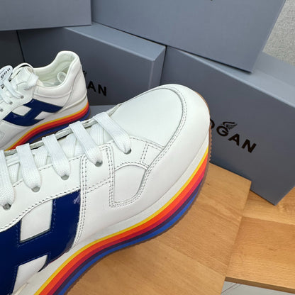 HOGAN White Blue Rainbow Striped Stack Wedge Platform Sneakers