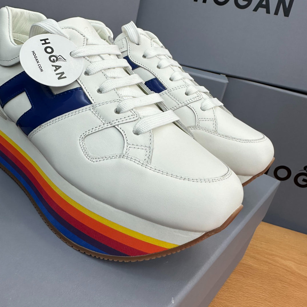 HOGAN White Blue Rainbow Striped Stack Wedge Platform Sneakers