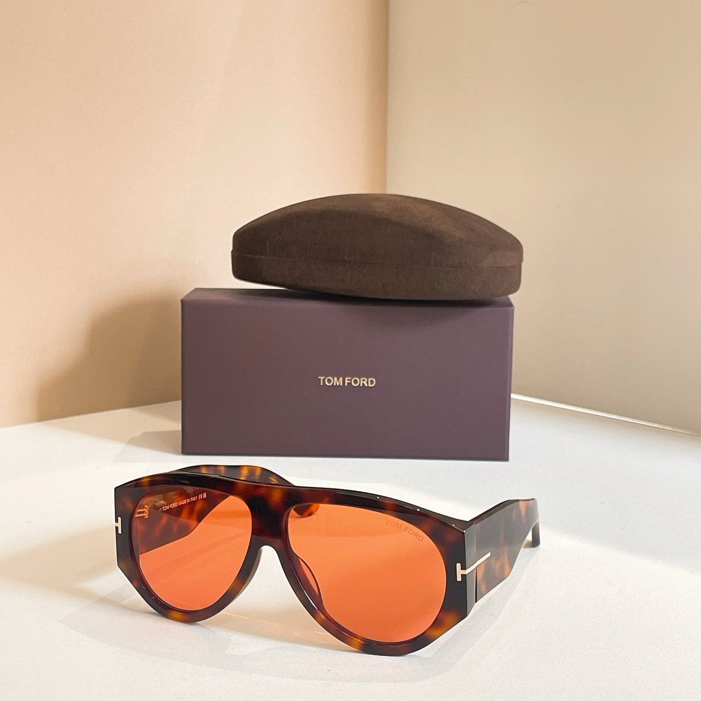 Tom Ford Aviator-Style Tortoiseshell Sunglasses with Orange Lenses