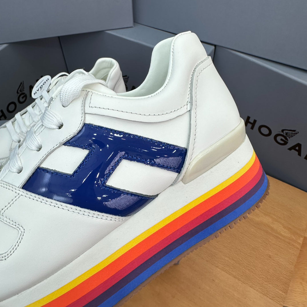 HOGAN White Blue Rainbow Striped Stack Wedge Platform Sneakers