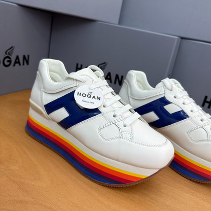 HOGAN White Blue Rainbow Striped Stack Wedge Platform Sneakers