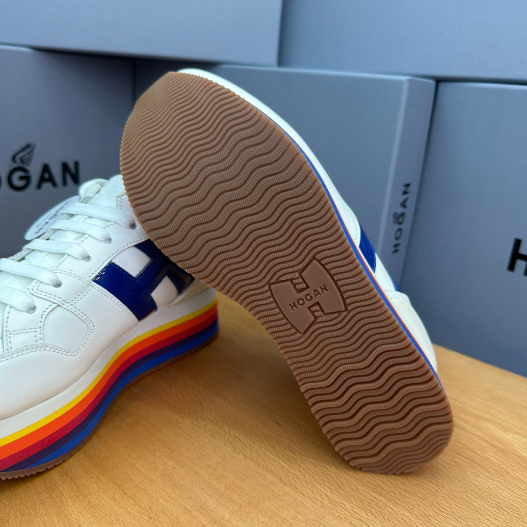 HOGAN White Blue Rainbow Striped Stack Wedge Platform Sneakers