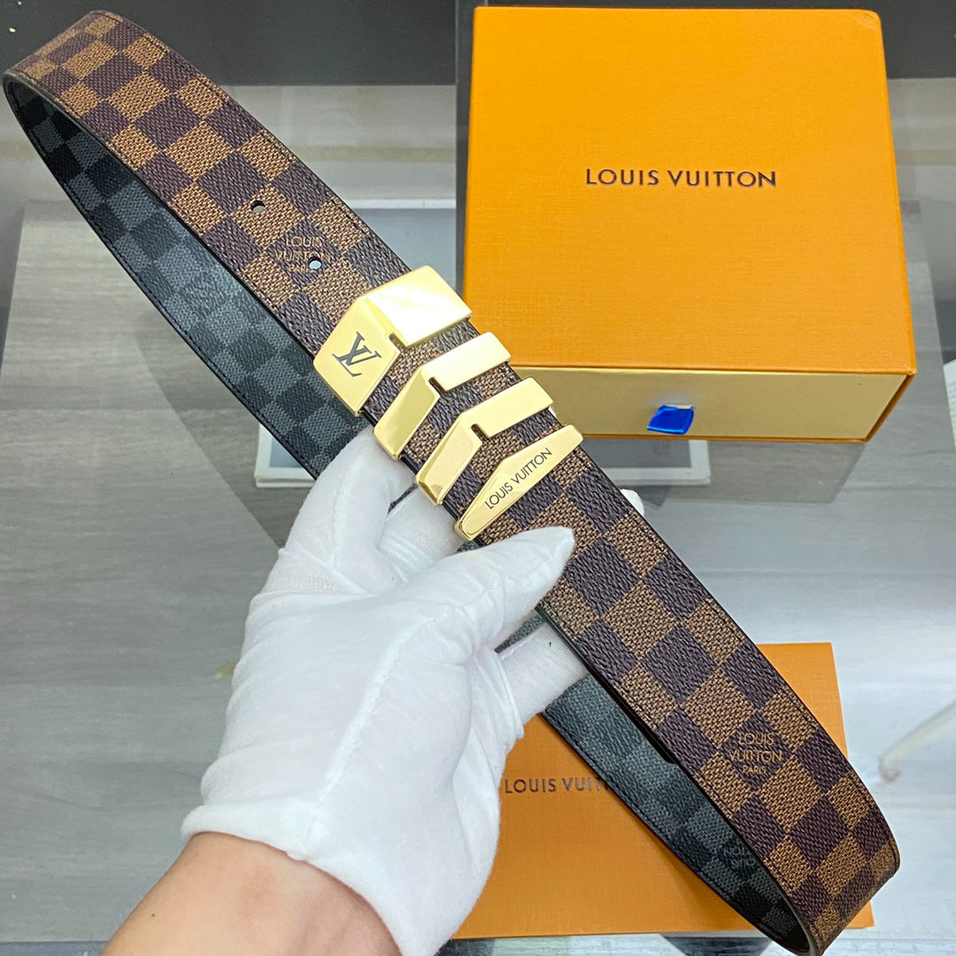 LV Damier Ebene Belt with Gold Chevron Buckle