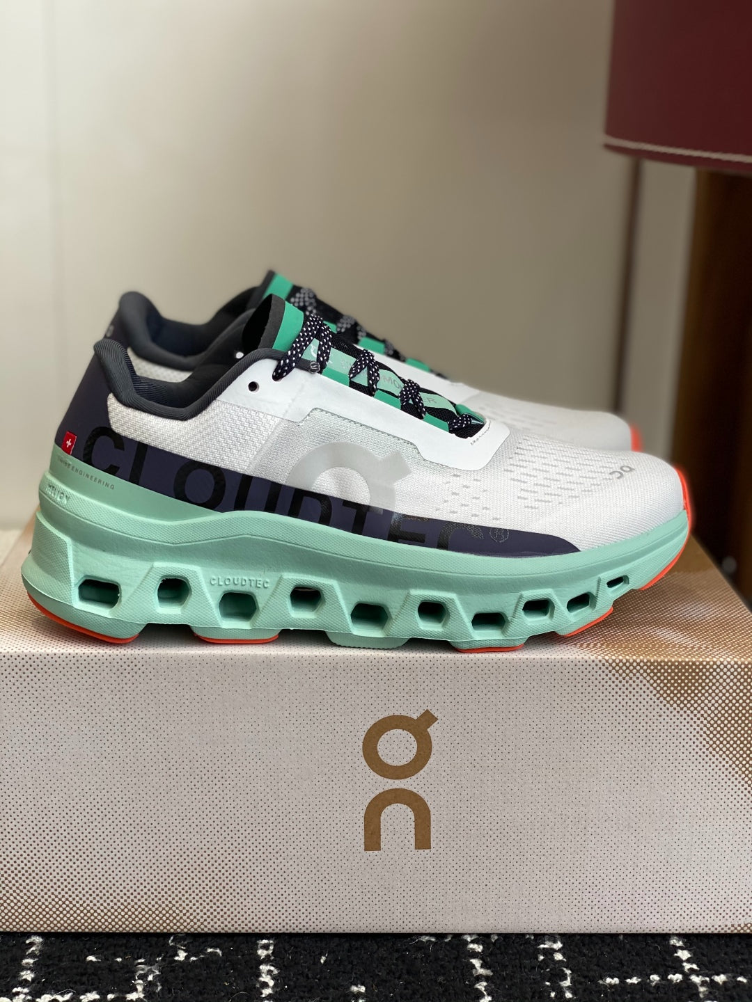 On Cloudmonster Breathable Mesh Running Shoes White Mint Green Orange Shock Absorbing Thick Sole Sneakers for Men Women