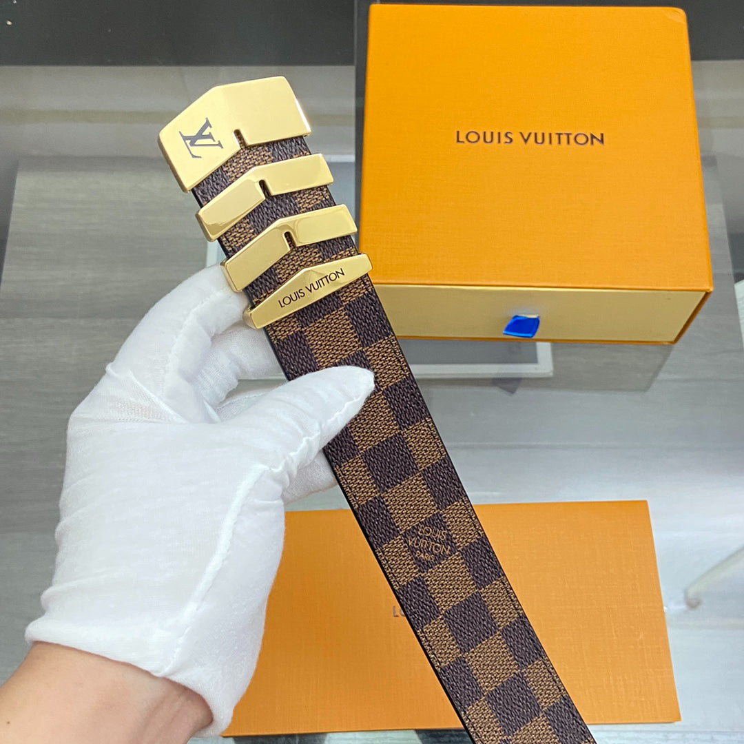 LV Damier Ebene Belt with Gold Chevron Buckle