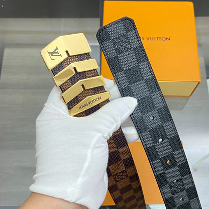 LV Damier Ebene Belt with Gold Chevron Buckle