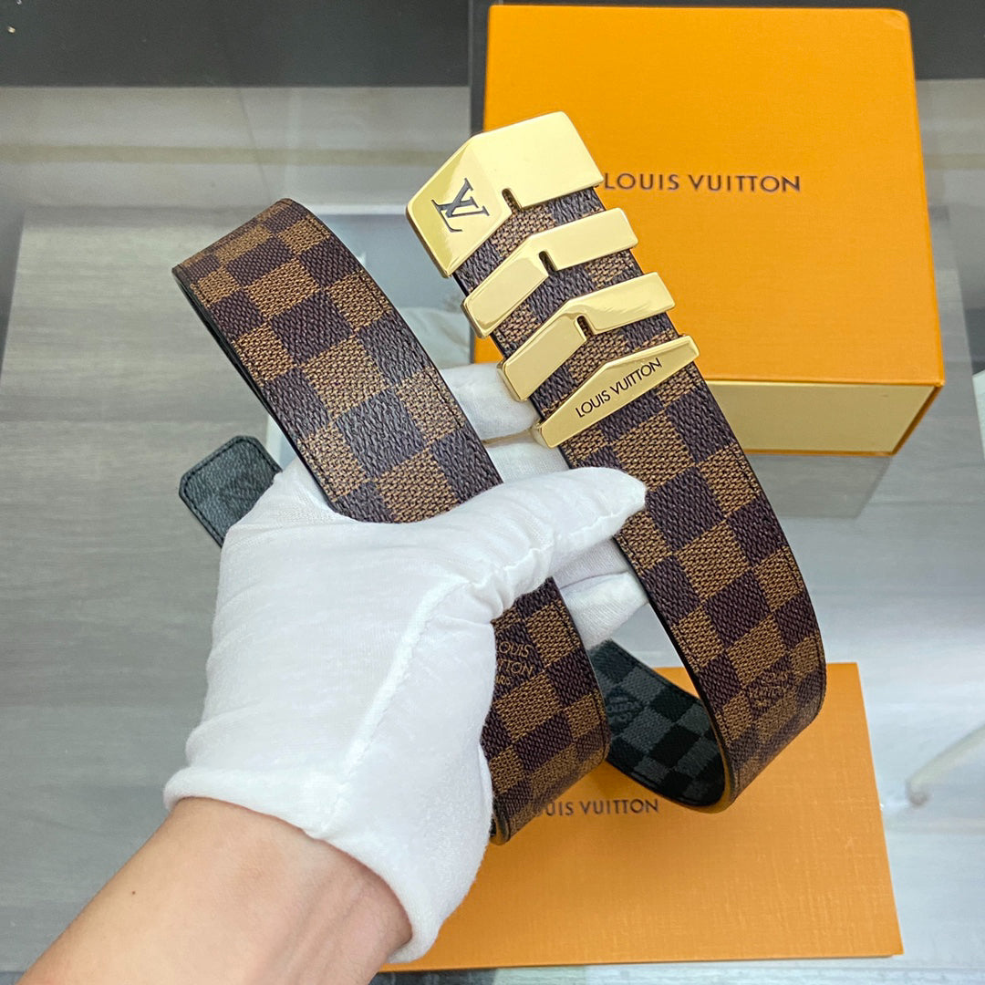 LV Damier Ebene Belt with Gold Chevron Buckle