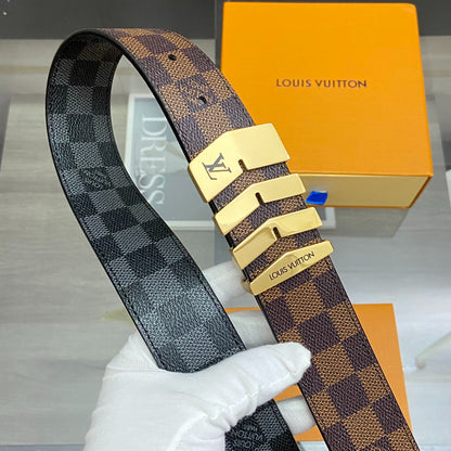 LV Damier Ebene Belt with Gold Chevron Buckle