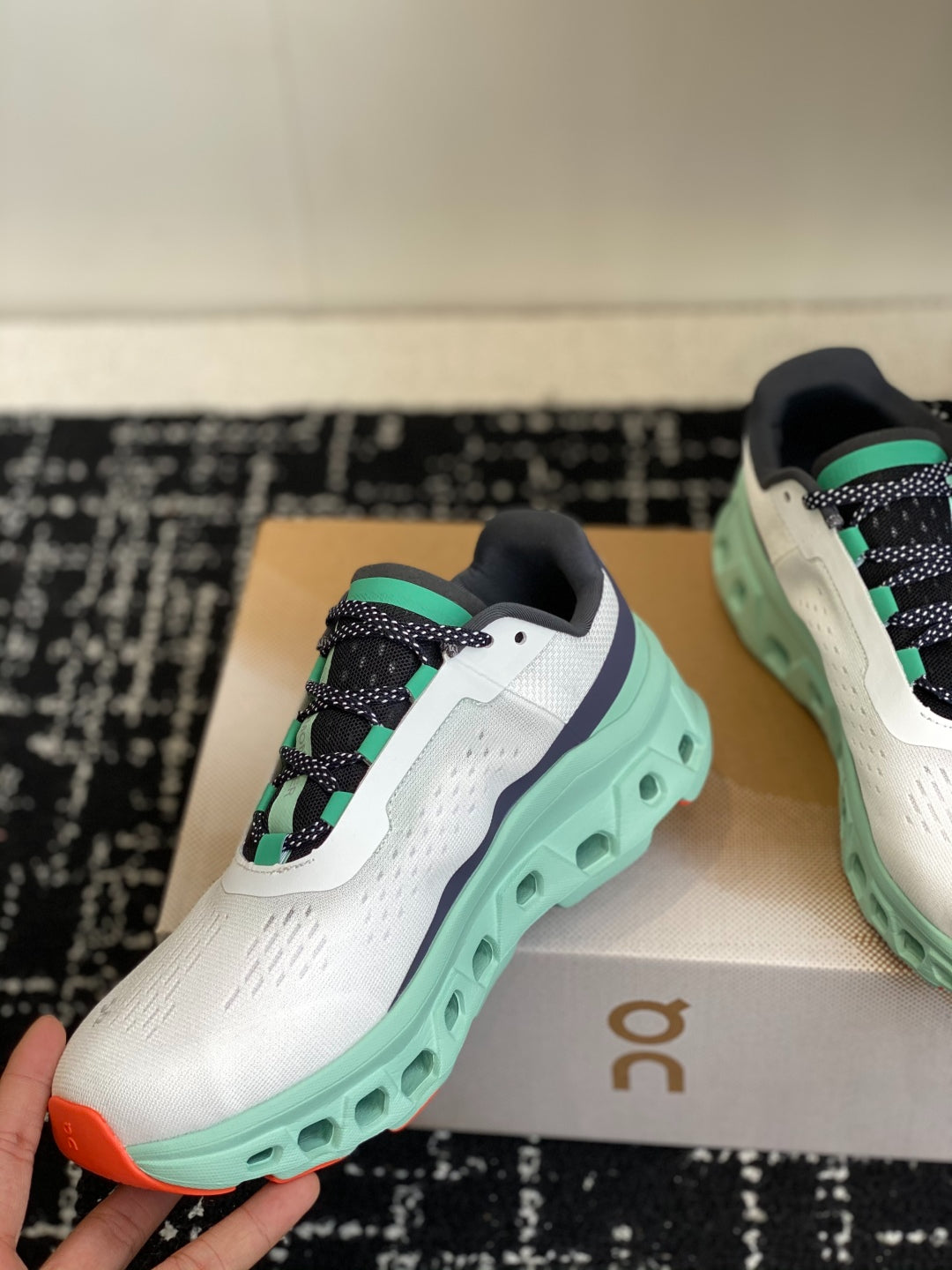 On Cloudmonster Breathable Mesh Running Shoes White Mint Green Orange Shock Absorbing Thick Sole Sneakers for Men Women