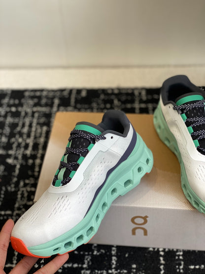 On Cloudmonster Breathable Mesh Running Shoes White Mint Green Orange Shock Absorbing Thick Sole Sneakers for Men Women