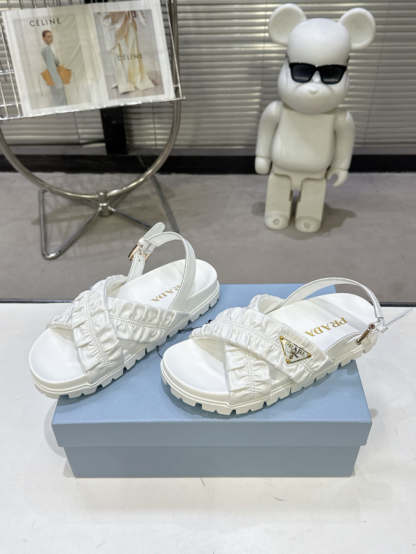 Women White Ruched Cross Strap Platform Sandals Triangle Gold Logo Adjustable Ankle Buckle Casual Summer Shoes