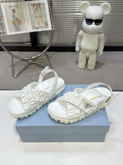 Women White Ruched Cross Strap Platform Sandals Triangle Gold Logo Adjustable Ankle Buckle Casual Summer Shoes