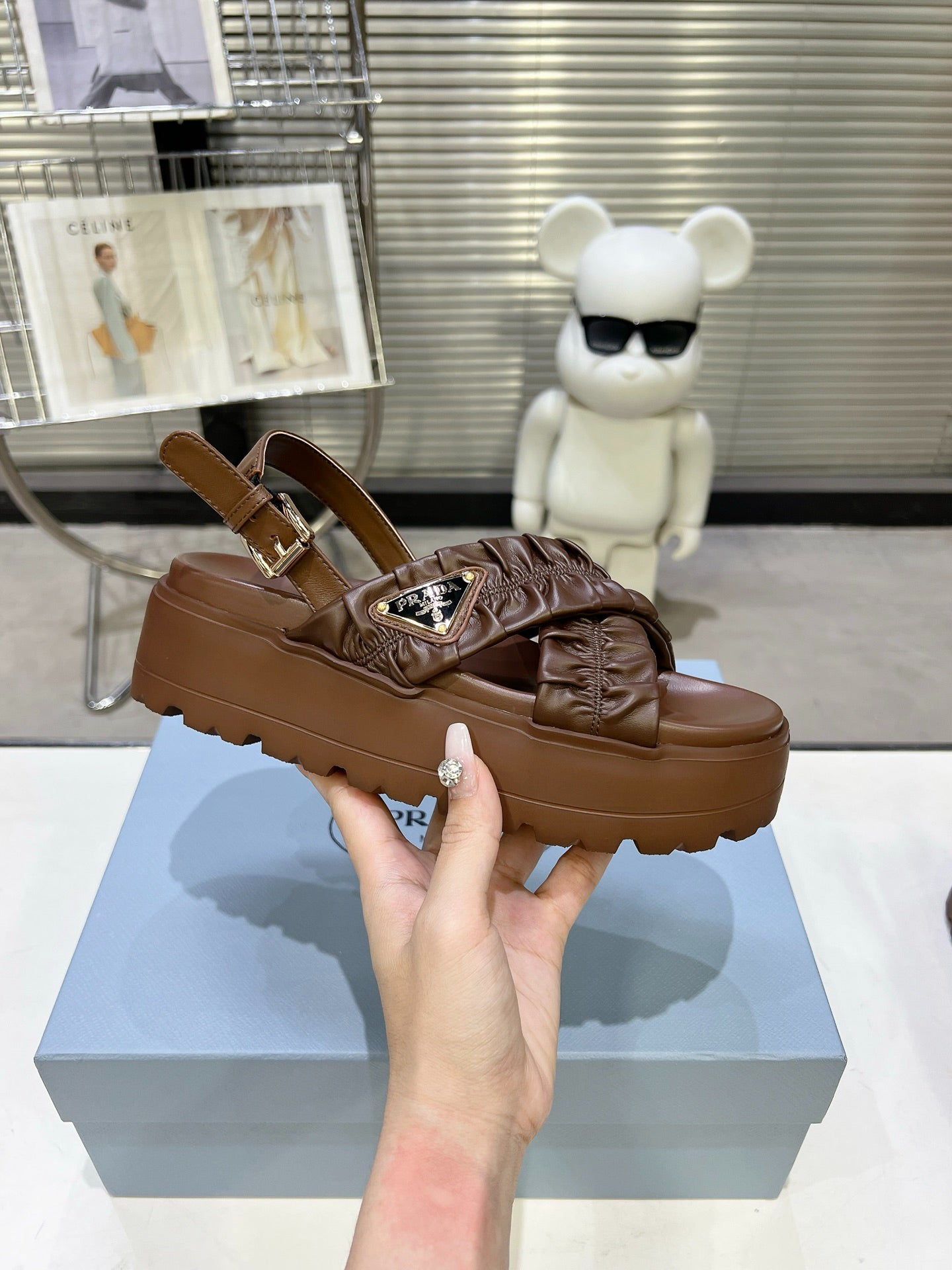 Women Dark Brown Ruched Cross Band Platform Sandals Triangle Gold Logo Adjustable Ankle Buckle Casual Shoes