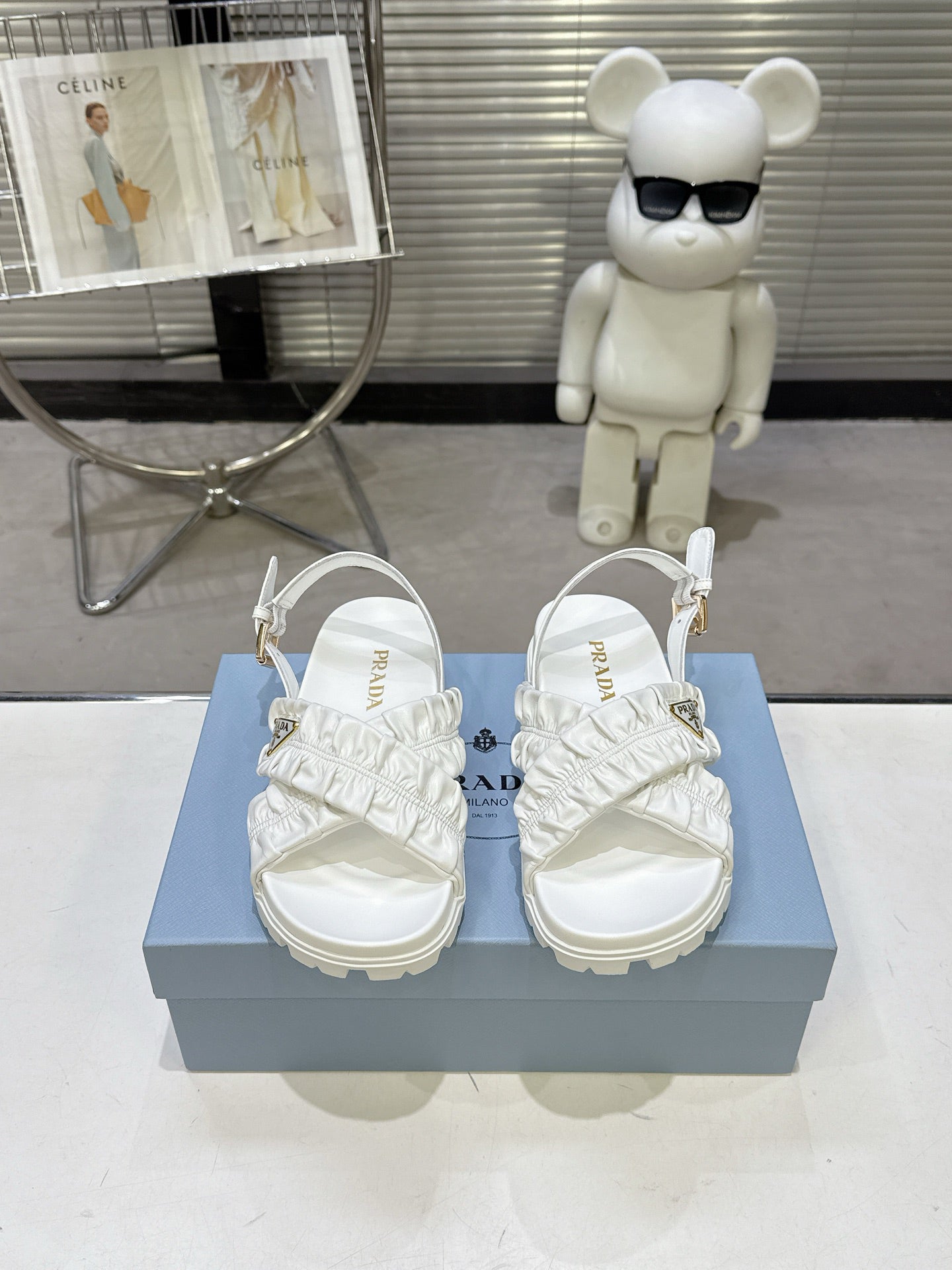 Women White Ruched Cross Strap Platform Sandals Triangle Gold Logo Adjustable Ankle Buckle Casual Summer Shoes