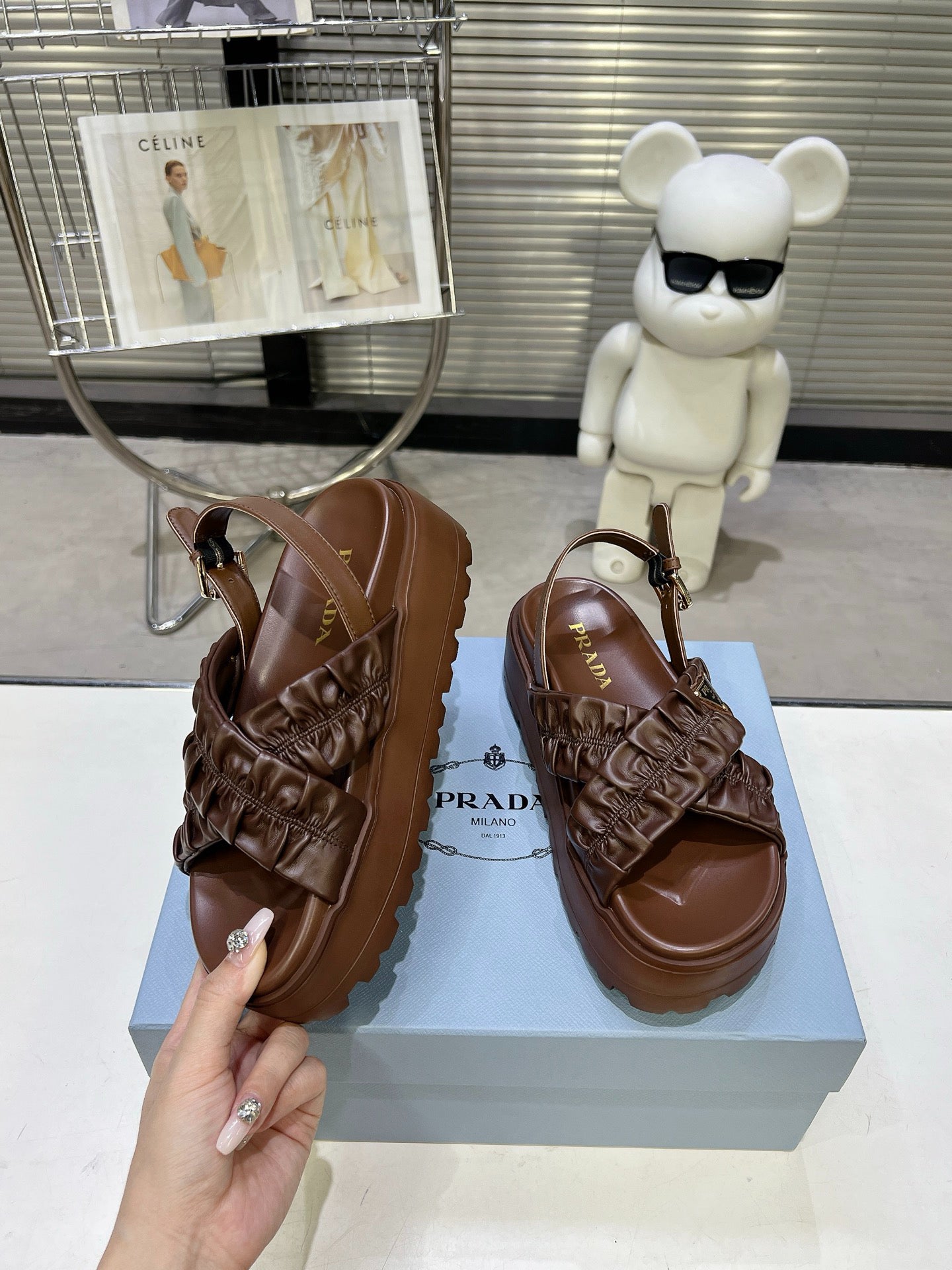 Women Dark Brown Ruched Cross Band Platform Sandals Triangle Gold Logo Adjustable Ankle Buckle Casual Shoes