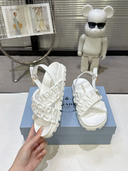 Women White Ruched Cross Strap Platform Sandals Triangle Gold Logo Adjustable Ankle Buckle Casual Summer Shoes