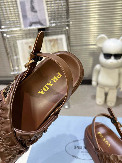 Women Dark Brown Ruched Cross Band Platform Sandals Triangle Gold Logo Adjustable Ankle Buckle Casual Shoes