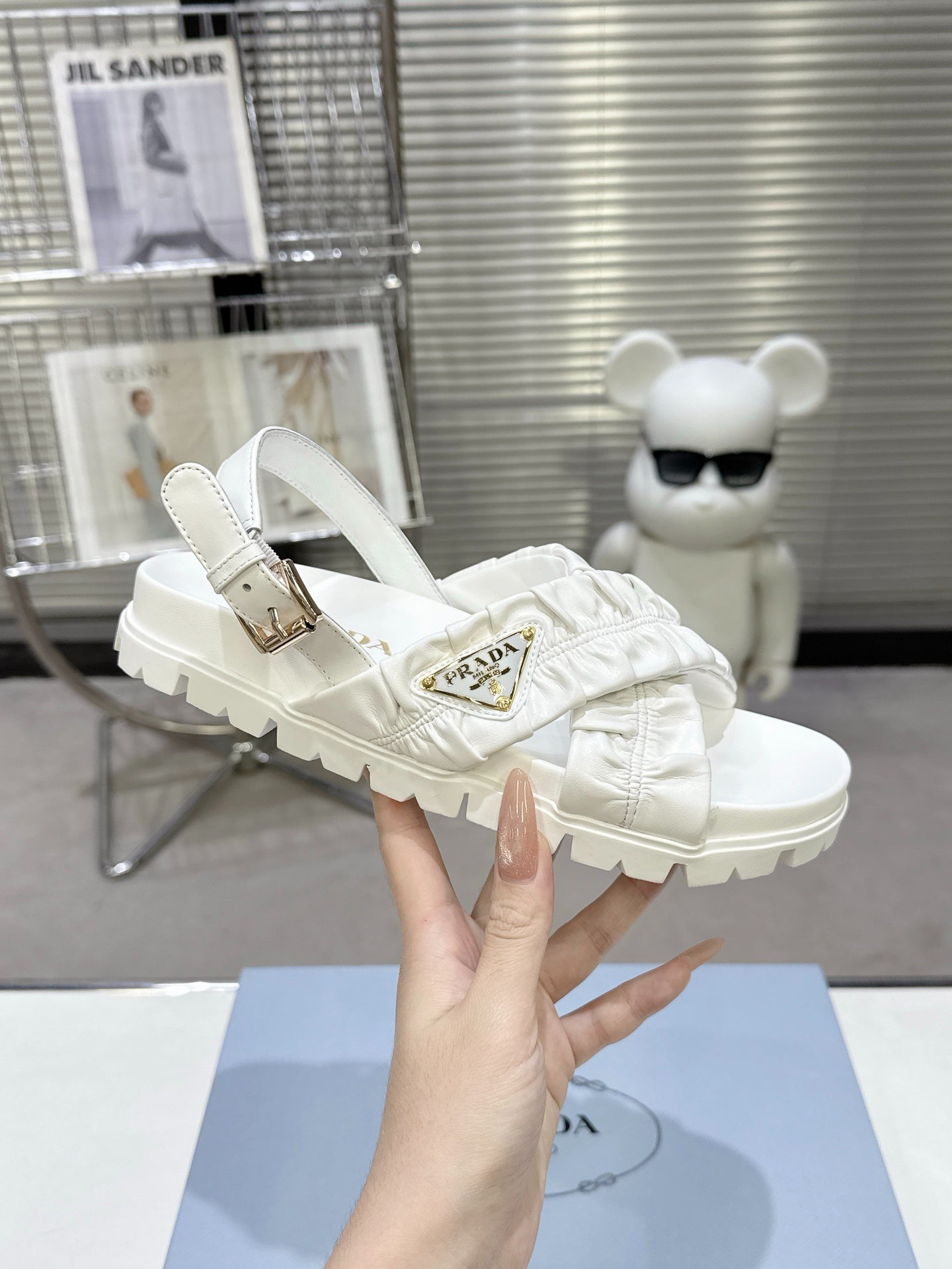 Women White Ruched Cross Strap Platform Sandals Triangle Gold Logo Adjustable Ankle Buckle Casual Summer Shoes