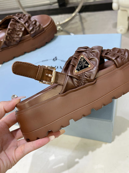 Women Dark Brown Ruched Cross Band Platform Sandals Triangle Gold Logo Adjustable Ankle Buckle Casual Shoes