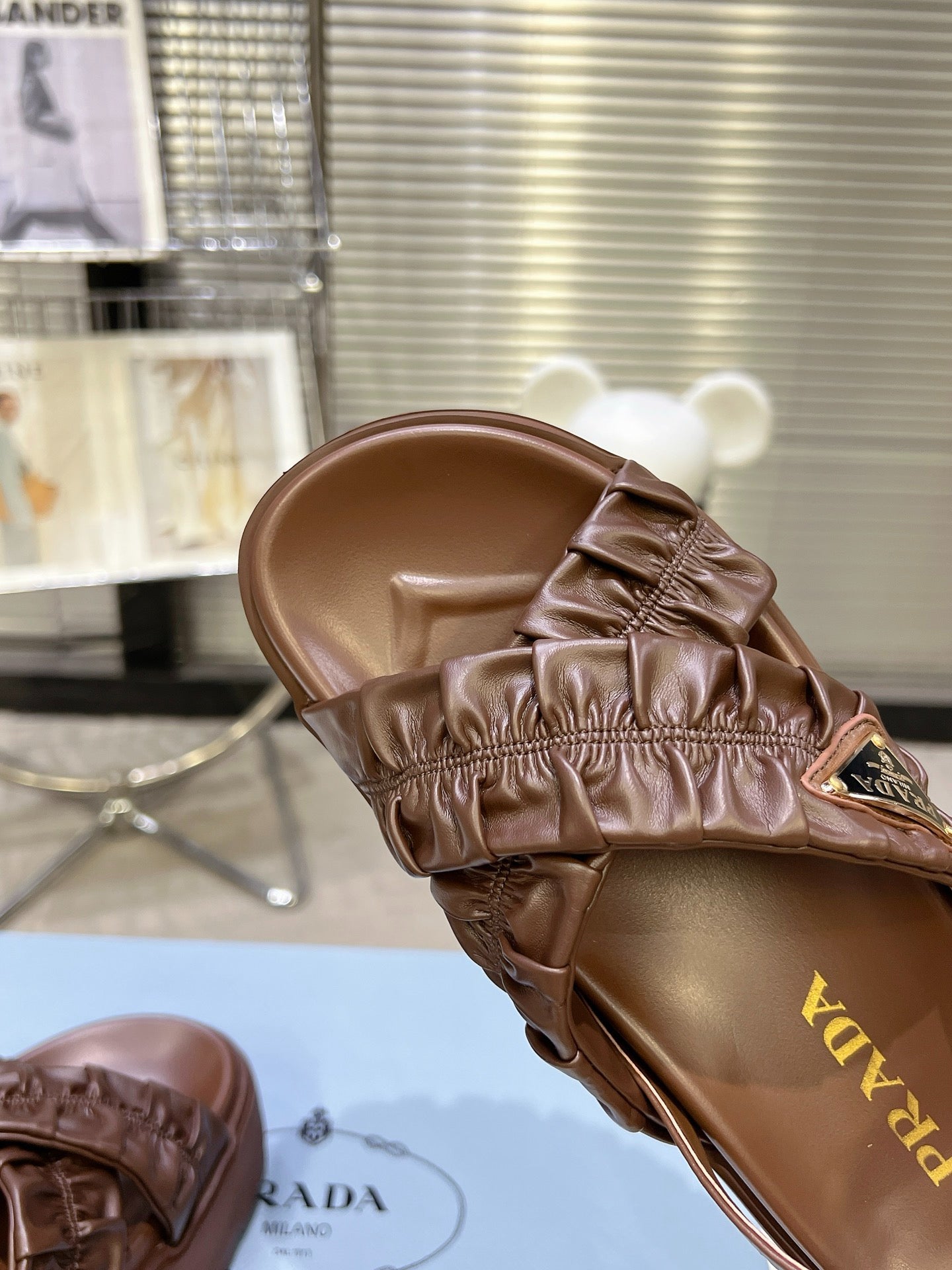 Women Dark Brown Ruched Cross Band Platform Sandals Triangle Gold Logo Adjustable Ankle Buckle Casual Shoes