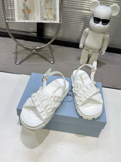 Women White Ruched Cross Strap Platform Sandals Triangle Gold Logo Adjustable Ankle Buckle Casual Summer Shoes