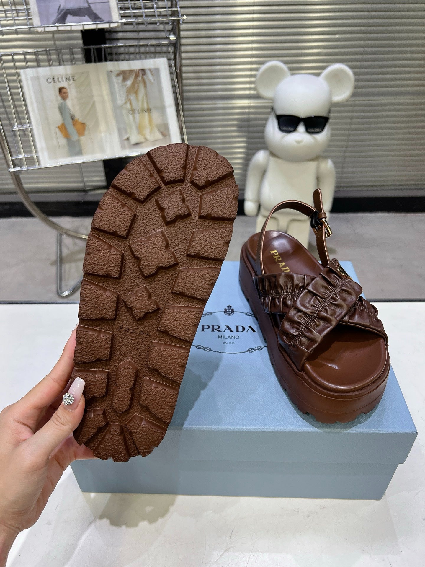 Women Dark Brown Ruched Cross Band Platform Sandals Triangle Gold Logo Adjustable Ankle Buckle Casual Shoes