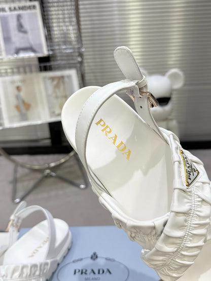 Women White Ruched Cross Strap Platform Sandals Triangle Gold Logo Adjustable Ankle Buckle Casual Summer Shoes