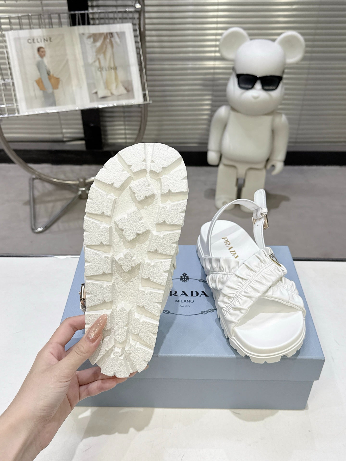Women White Ruched Cross Strap Platform Sandals Triangle Gold Logo Adjustable Ankle Buckle Casual Summer Shoes
